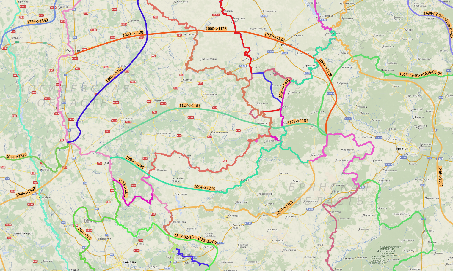 Пример изменения границ на территории современной Брянской (Россия) и Могилевской областей (Беларусь).